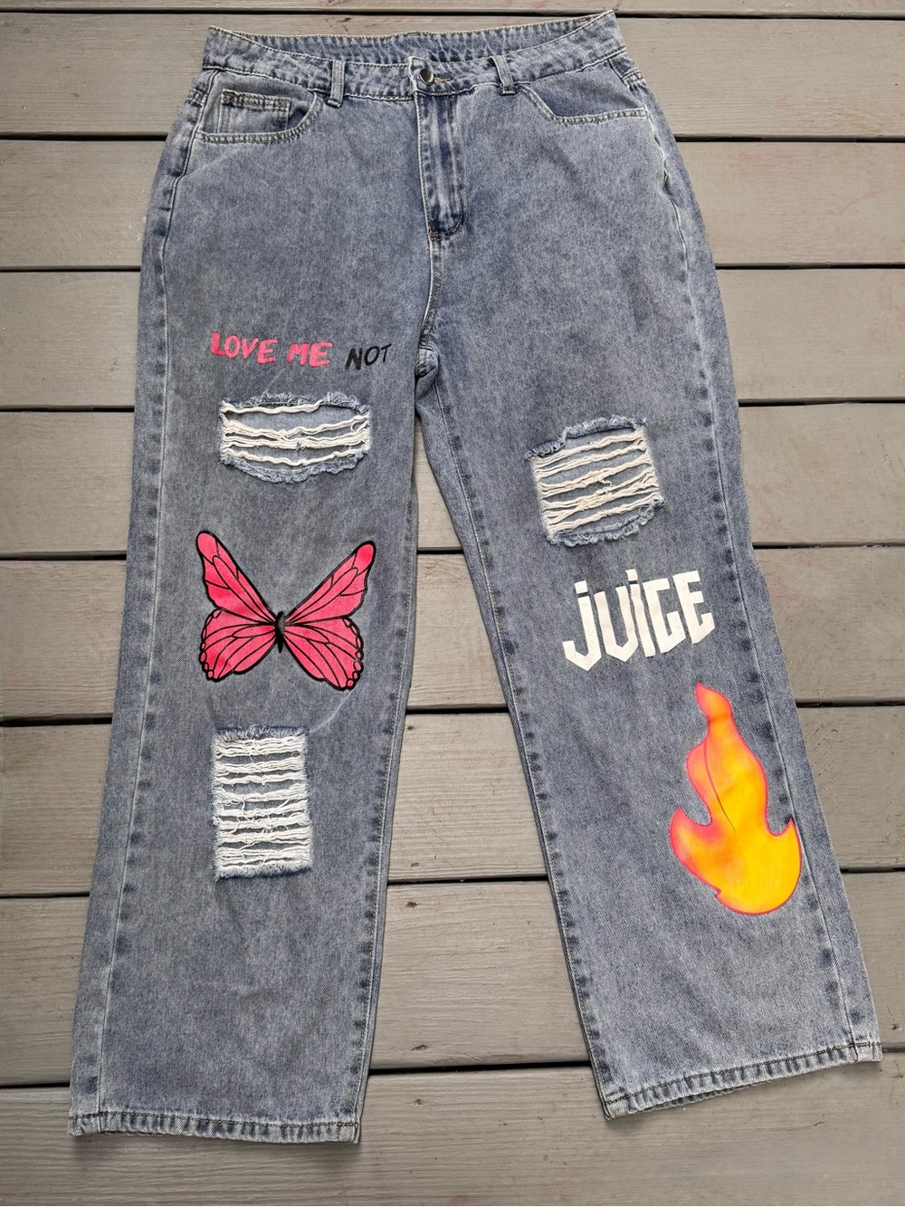 SHEIN Y2K Distressed Graphic Jeans Butterfly Flame Wide Leg XL